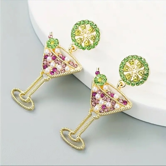 Pink Margarita Glass Earrings, Rhinestone Margarita Earrings,Wine Glass Earrings - Picture 6 of 6